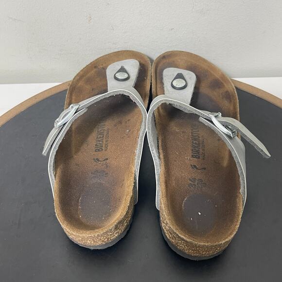 Birkenstock Girls Gizeh Sz 34 US 3-3.5 Silver Birko-Flor Black Leather Sandals - Picture 8 of 11
